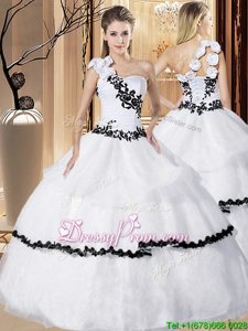 Beauteous White Lace Up One Shoulder Appliques and Hand Made Flower Quinceanera Dress Organza Sleeveless