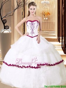 Fabulous Sleeveless Floor Length Embroidery and Ruffled Layers Lace Up Sweet 16 Dresses with White And Red