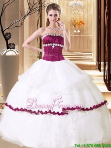Low Price White and Eggplant Purple Ball Gowns Strapless Sleeveless Organza Floor Length Lace Up Beading Quince Ball Gowns