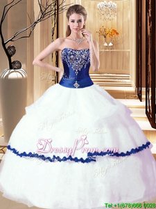 White and Royal Blue Quinceanera Gowns Military Ball and Sweet 16 and Quinceanera and For withBeading and Ruffled Layers Strapless Sleeveless Lace Up