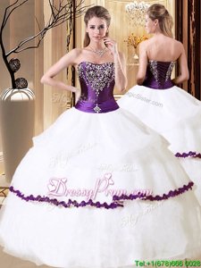 White And Purple Lace Up Strapless Beading 15 Quinceanera Dress Organza Sleeveless