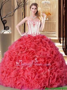 Clearance Coral Red Lace Up Quinceanera Dress Embroidery and Ruffles Sleeveless Floor Length