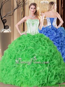 Unique Spring Green Fabric With Rolling Flowers Lace Up Strapless Sleeveless Floor Length Sweet 16 Quinceanera Dress Embroidery and Ruffles
