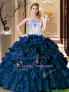 Adorable Sleeveless Organza Floor Length Lace Up Quinceanera Gowns inNavy Blue forSpring and Summer and Fall and Winter withPick Ups