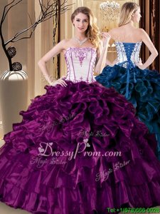 New Style Strapless Sleeveless Quinceanera Gowns Floor Length Pick Ups Purple Organza