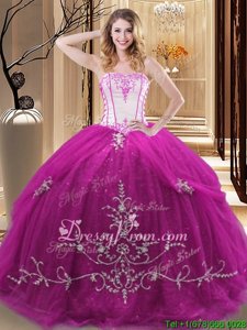 Elegant Fuchsia Tulle Lace Up 15th Birthday Dress Sleeveless Floor Length Embroidery