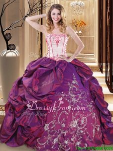 Glorious Sleeveless Taffeta Floor Length Lace Up Quince Ball Gowns inPurple forSpring and Summer and Fall and Winter withEmbroidery
