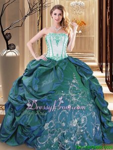 Captivating Sleeveless Taffeta Floor Length Lace Up Vestidos de Quinceanera inTurquoise forSpring and Summer and Fall and Winter withEmbroidery and Pick Ups