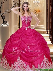 Ideal Floor Length Hot Pink Quinceanera Gowns Tulle Sleeveless Spring and Summer and Fall and Winter Appliques and Embroidery and Pick Ups