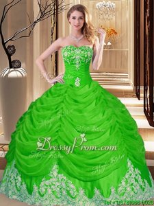 Extravagant Floor Length Spring Green 15 Quinceanera Dress Tulle Sleeveless Spring and Summer and Fall and Winter Lace and Appliques