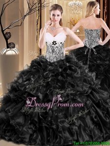 New Style Black Organza Lace Up 15th Birthday Dress Sleeveless Floor Length Ruffles