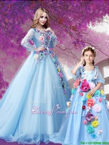 High Class Baby Blue Long Sleeves Sweep Train Beading and Hand Made Flower With Train Quinceanera Gowns