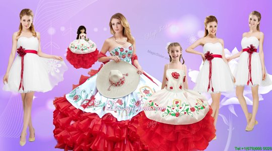 Glamorous White And Red Ball Gowns Sweetheart Sleeveless Organza Floor Length Lace Up Embroidery and Ruffles Vestidos de Quinceanera